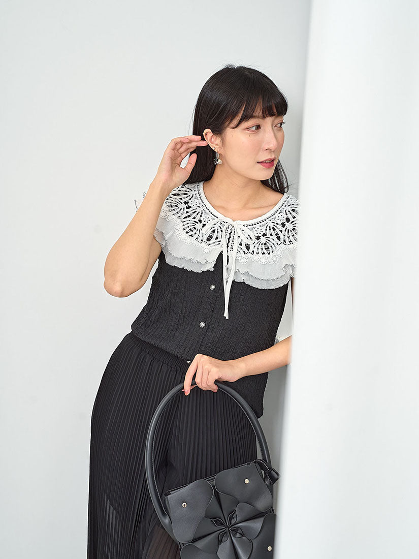 Crochet Lace Pleated Collar Textured Top (2 Colours)