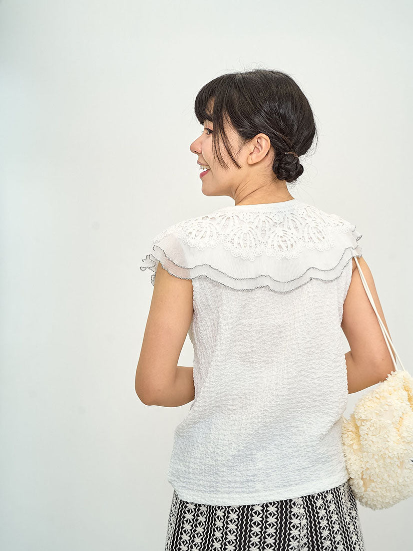 Crochet Lace Pleated Collar Textured Top (2 Colours)