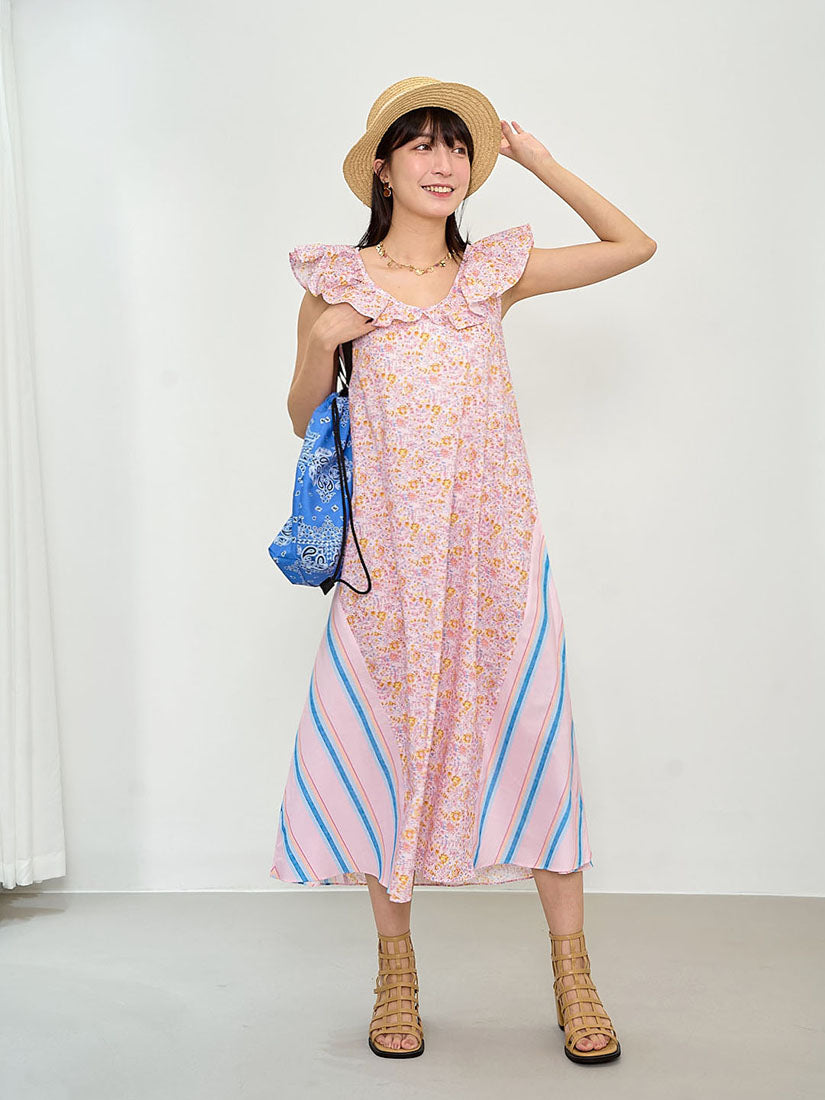 Floral Printed Mix Striped Vest Dress (2 Colours)