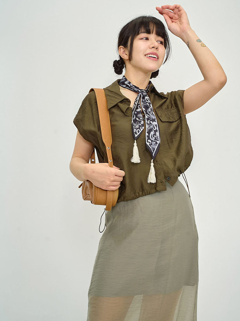 Drawstring Waist Crop Shirt With Printed Scarf (2 Colours)