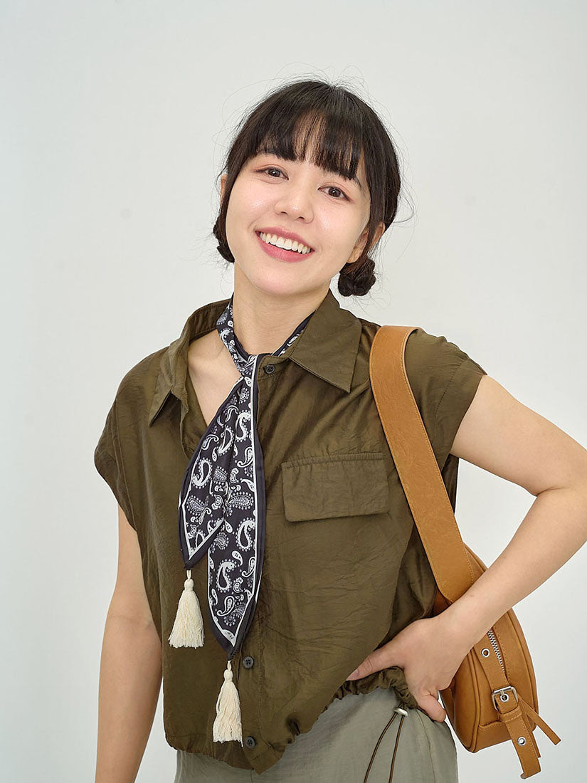 Drawstring Waist Crop Shirt With Printed Scarf (2 Colours)