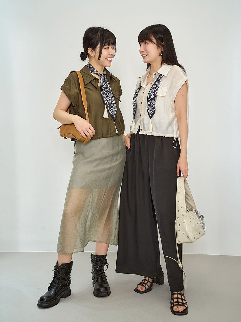 Drawstring Waist Crop Shirt With Printed Scarf (2 Colours)
