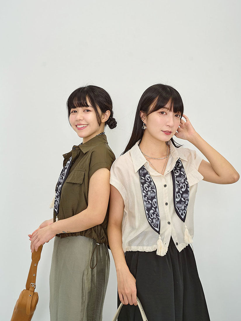 Drawstring Waist Crop Shirt With Printed Scarf (2 Colours)