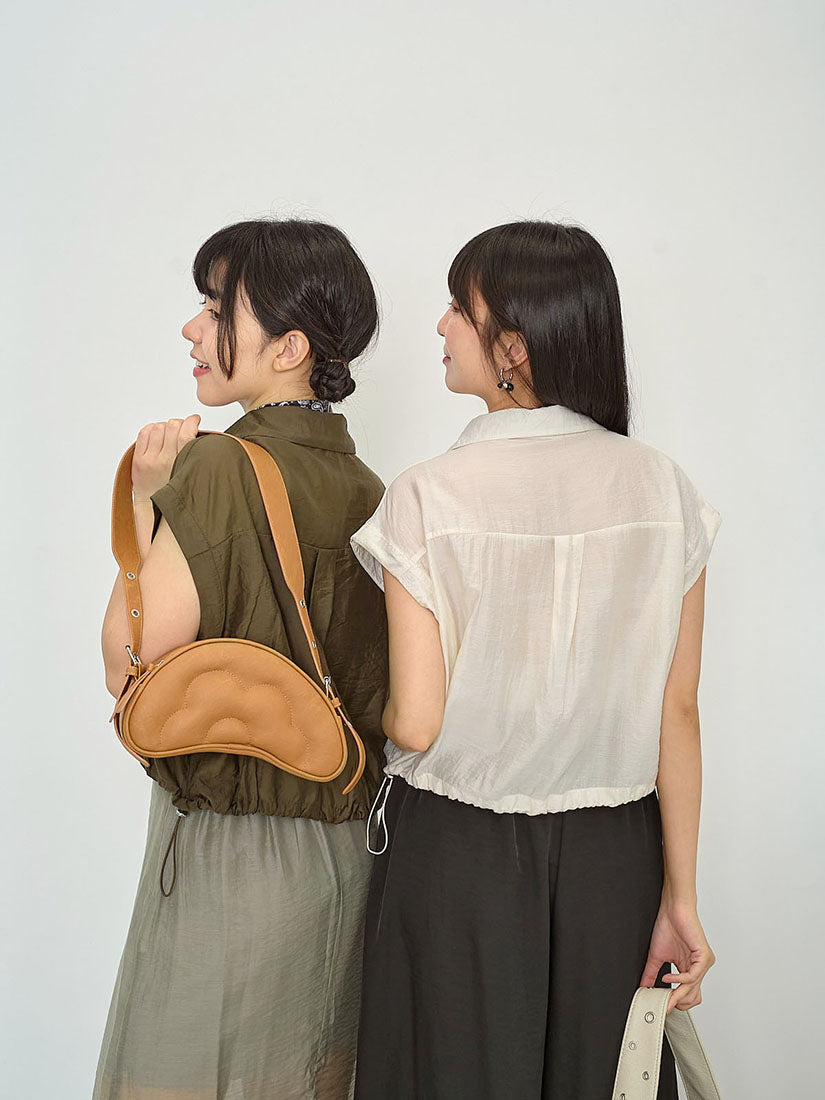 Drawstring Waist Crop Shirt With Printed Scarf (2 Colours)