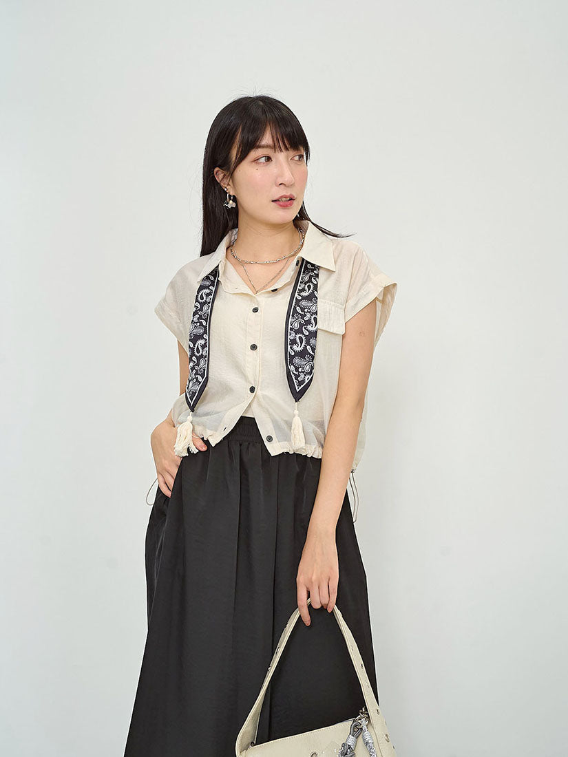 Drawstring Waist Crop Shirt With Printed Scarf (2 Colours)