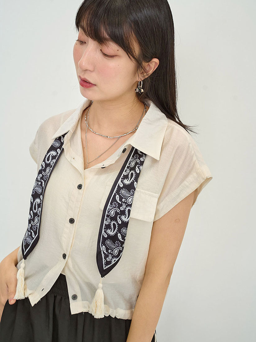 Drawstring Waist Crop Shirt With Printed Scarf (2 Colours)