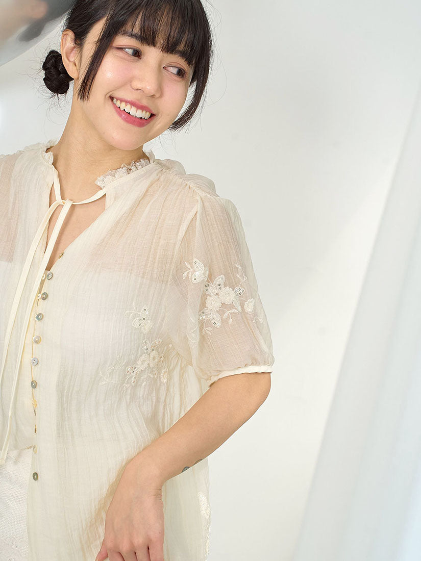 Sheer Sequin Embroidered Buttony Top