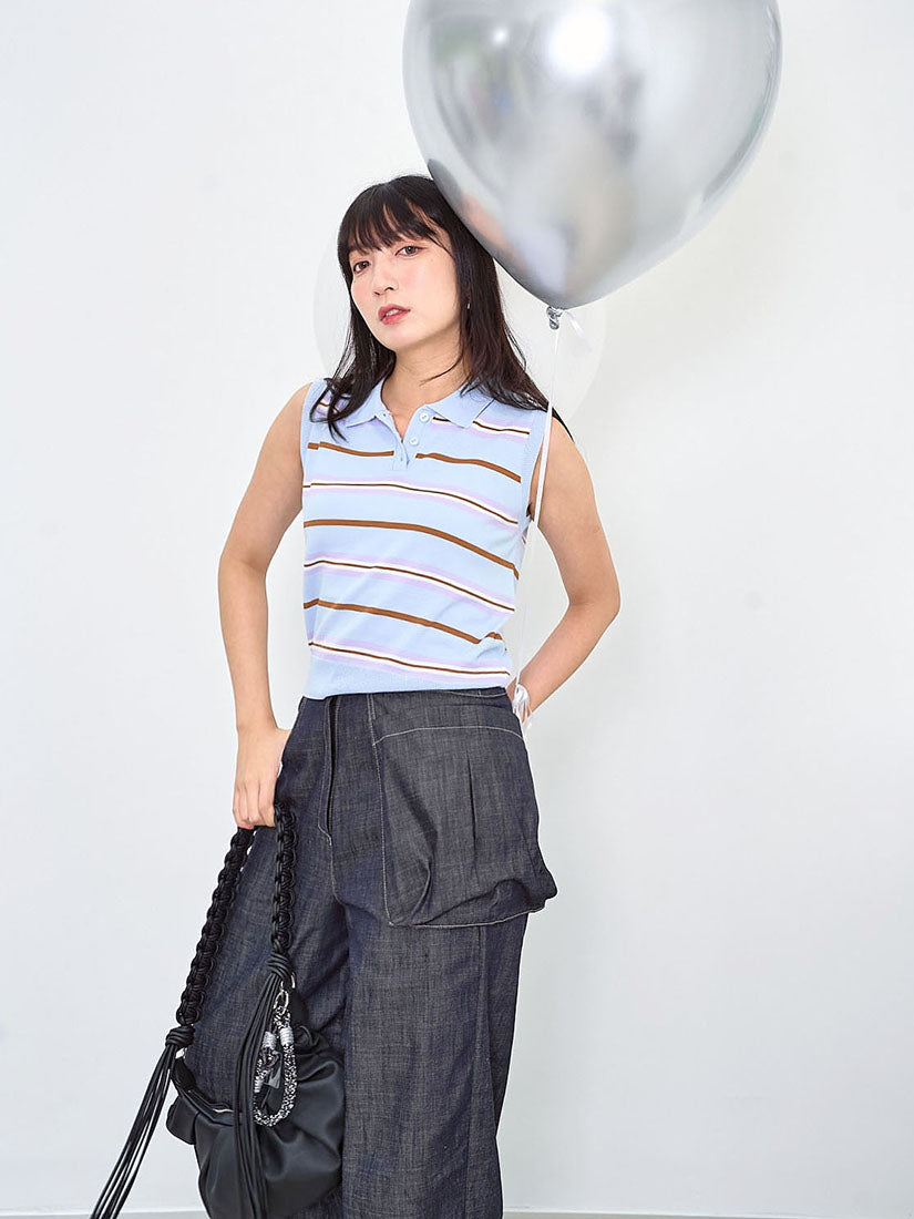 Striped Polo Vest Knit Top (2 Colours)