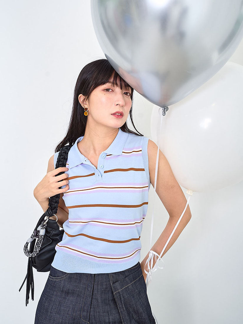 Striped Polo Vest Knit Top (2 Colours)
