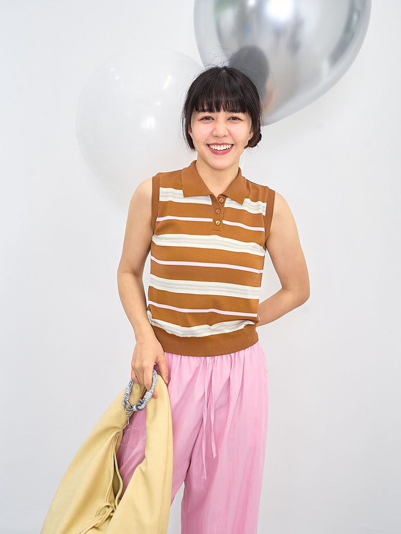 Striped Polo Vest Knit Top (2 Colours)
