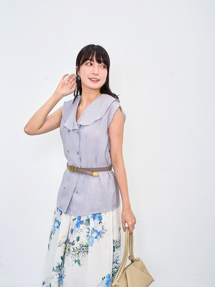 Shawl Collar Double Breast Sleeveless Blouse (2 Colours)