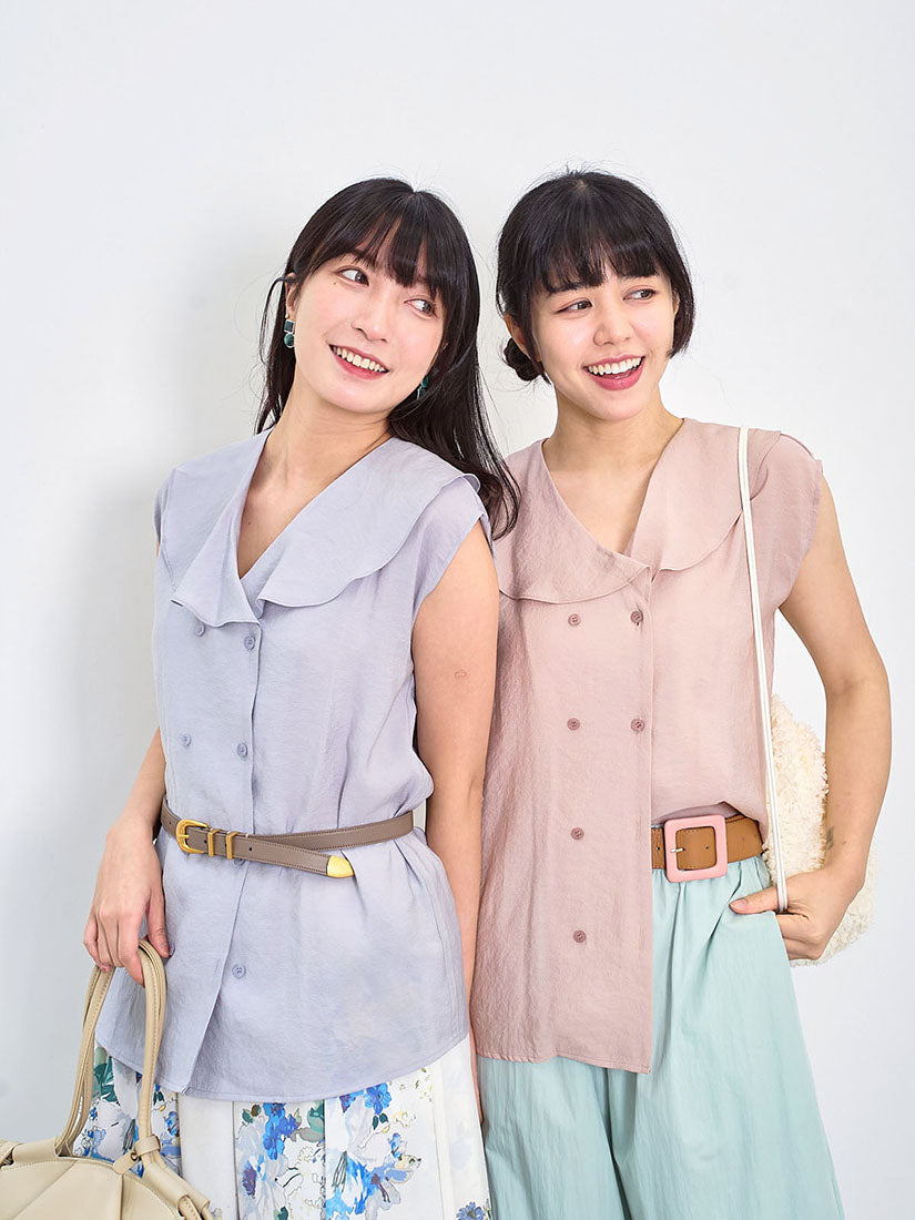 Shawl Collar Double Breast Sleeveless Blouse (2 Colours)