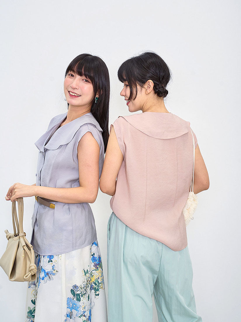 Shawl Collar Double Breast Sleeveless Blouse (2 Colours)