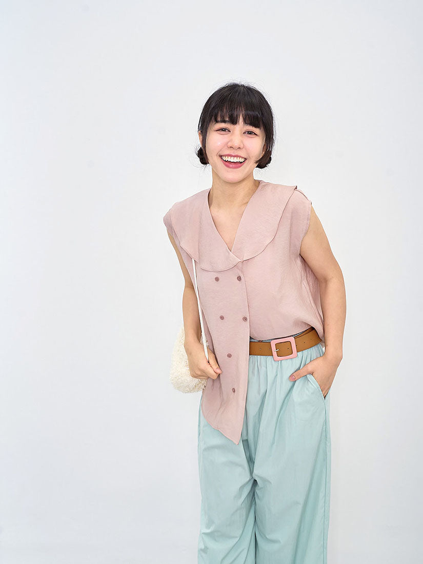 Shawl Collar Double Breast Sleeveless Blouse (2 Colours)
