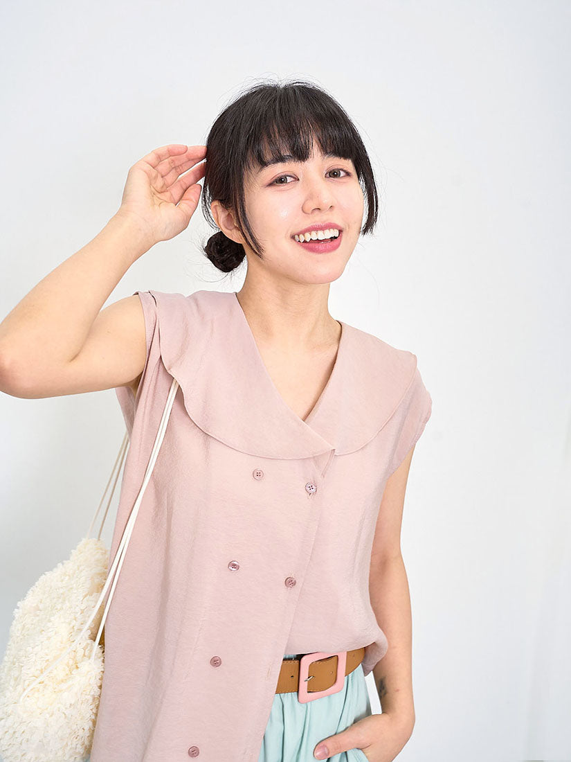 Shawl Collar Double Breast Sleeveless Blouse (2 Colours)