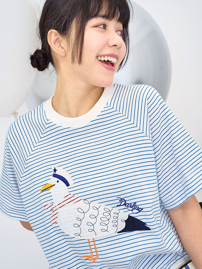 Sailor Seagull Applique Striped Tee