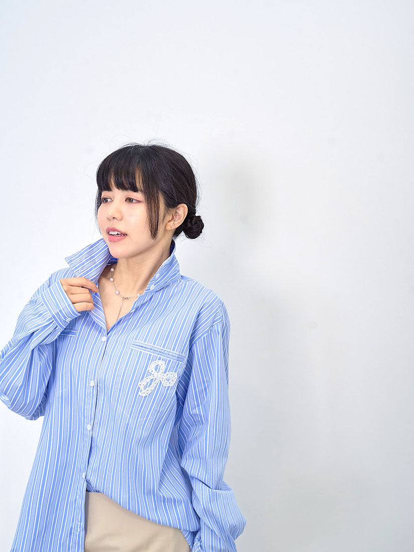 Bow Embroidered Mock Neck Striped Shirt