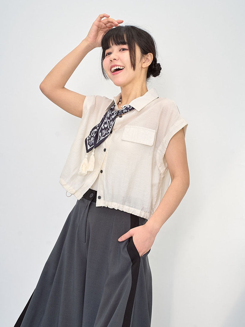 Drawstring Waist Crop Shirt With Printed Scarf (2 Colours)