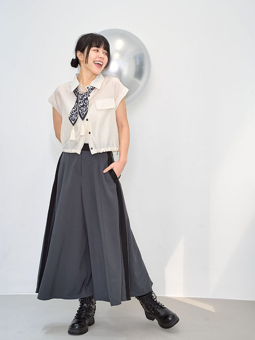 Drawstring Waist Crop Shirt With Printed Scarf (2 Colours)