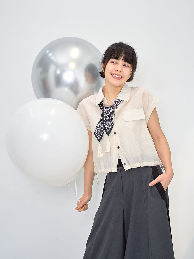 Drawstring Waist Crop Shirt With Printed Scarf (2 Colours)