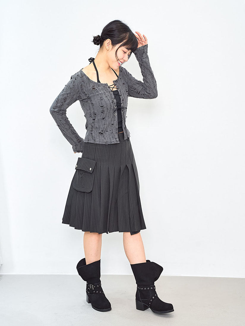 Distressed Lace Up Cardigan Set (2 Colours)