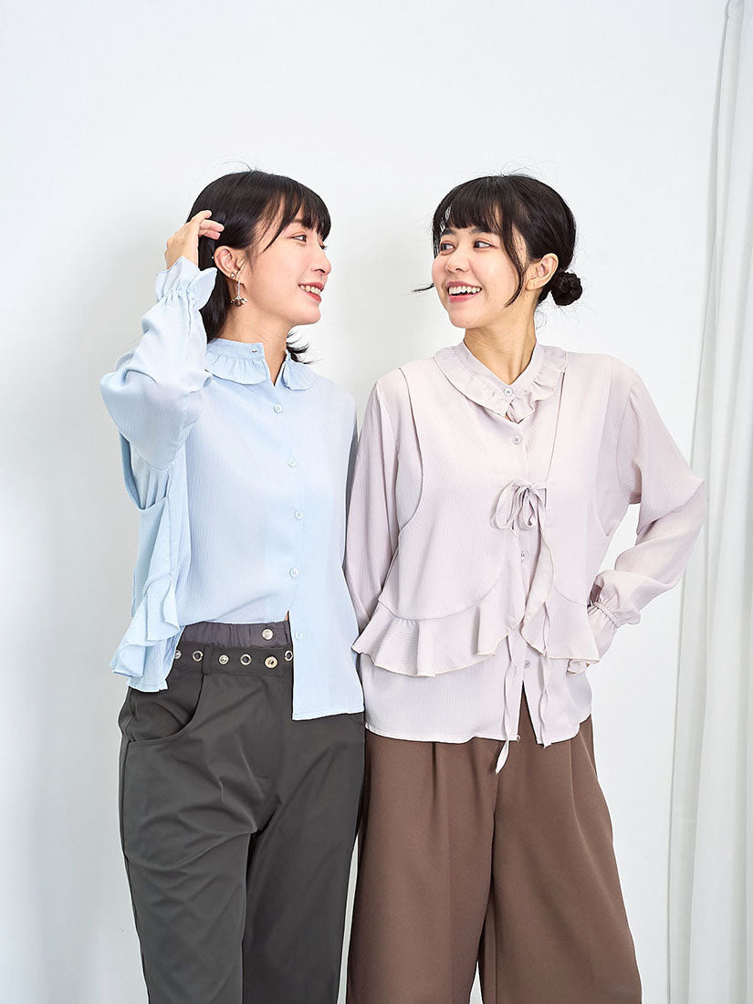 2ways Ruffle Detail Vest Layered Shirt (2 Colours)