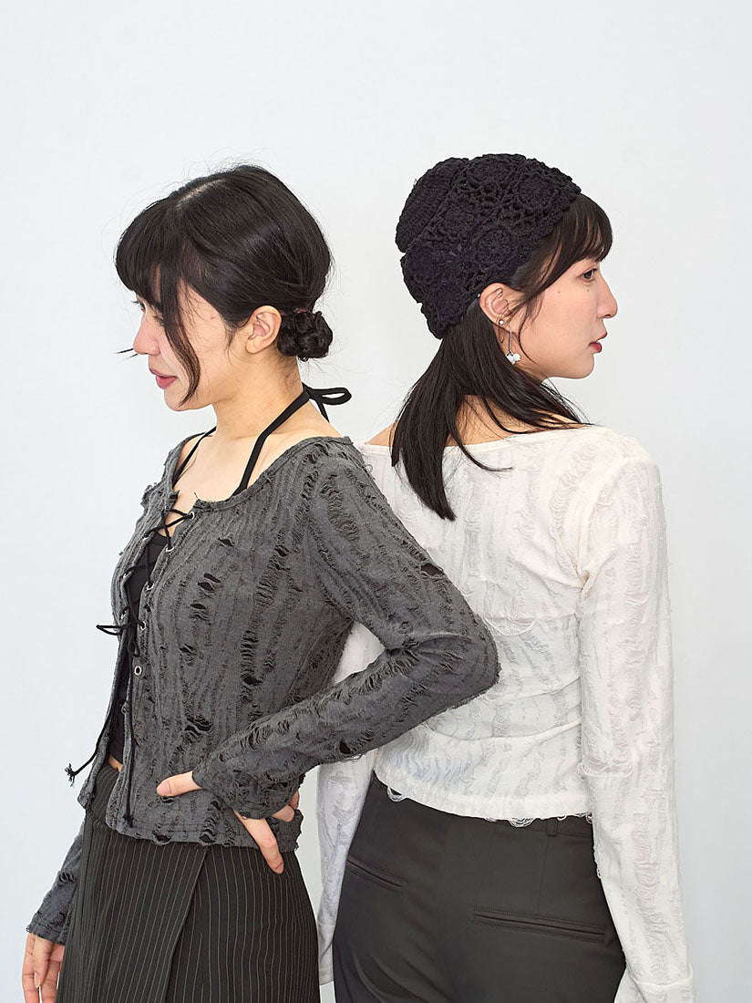 Distressed Lace Up Cardigan Set (2 Colours)
