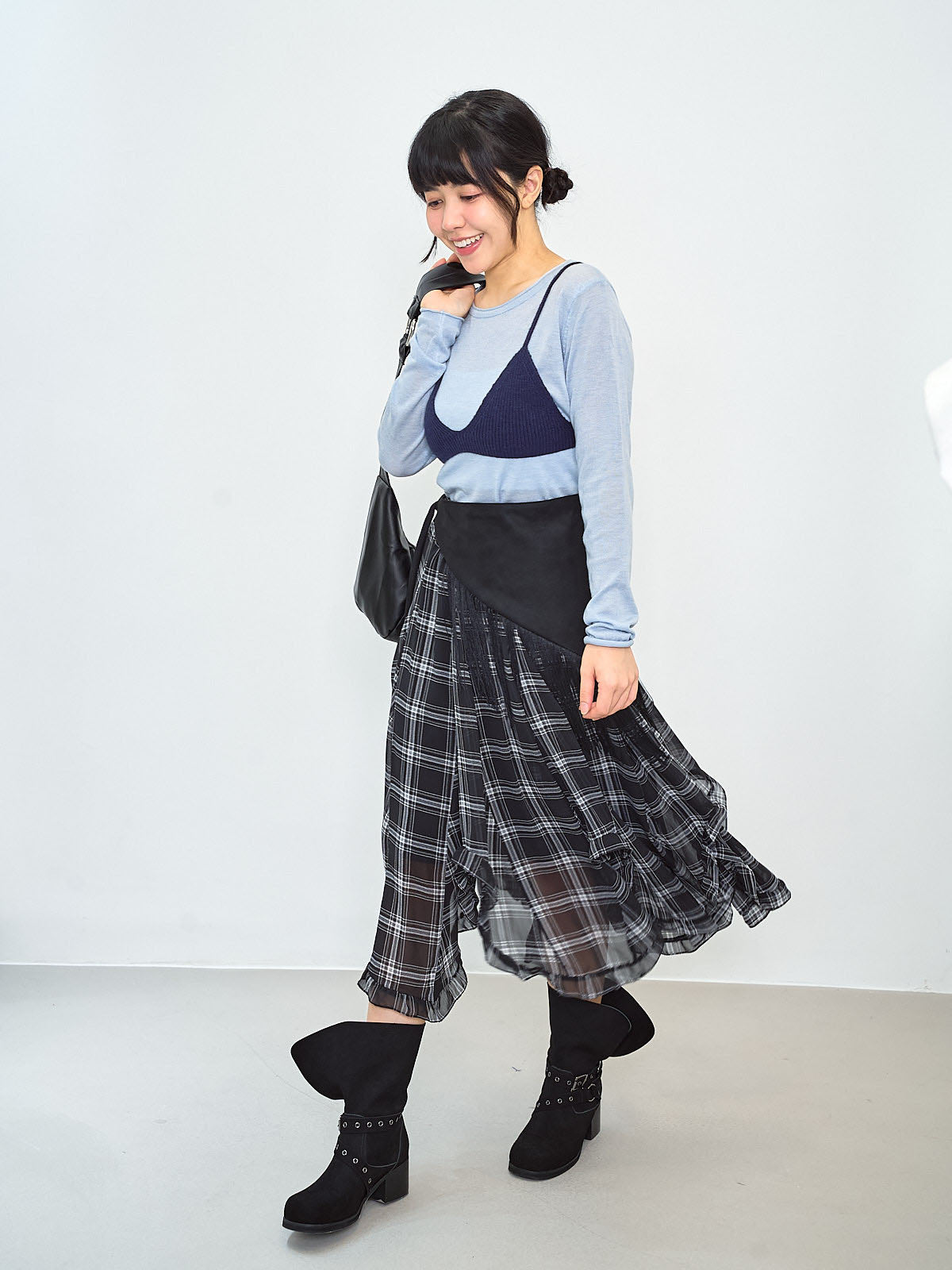 Ruffle Curve Hem Checkered Printed Skirt (2 Colours)