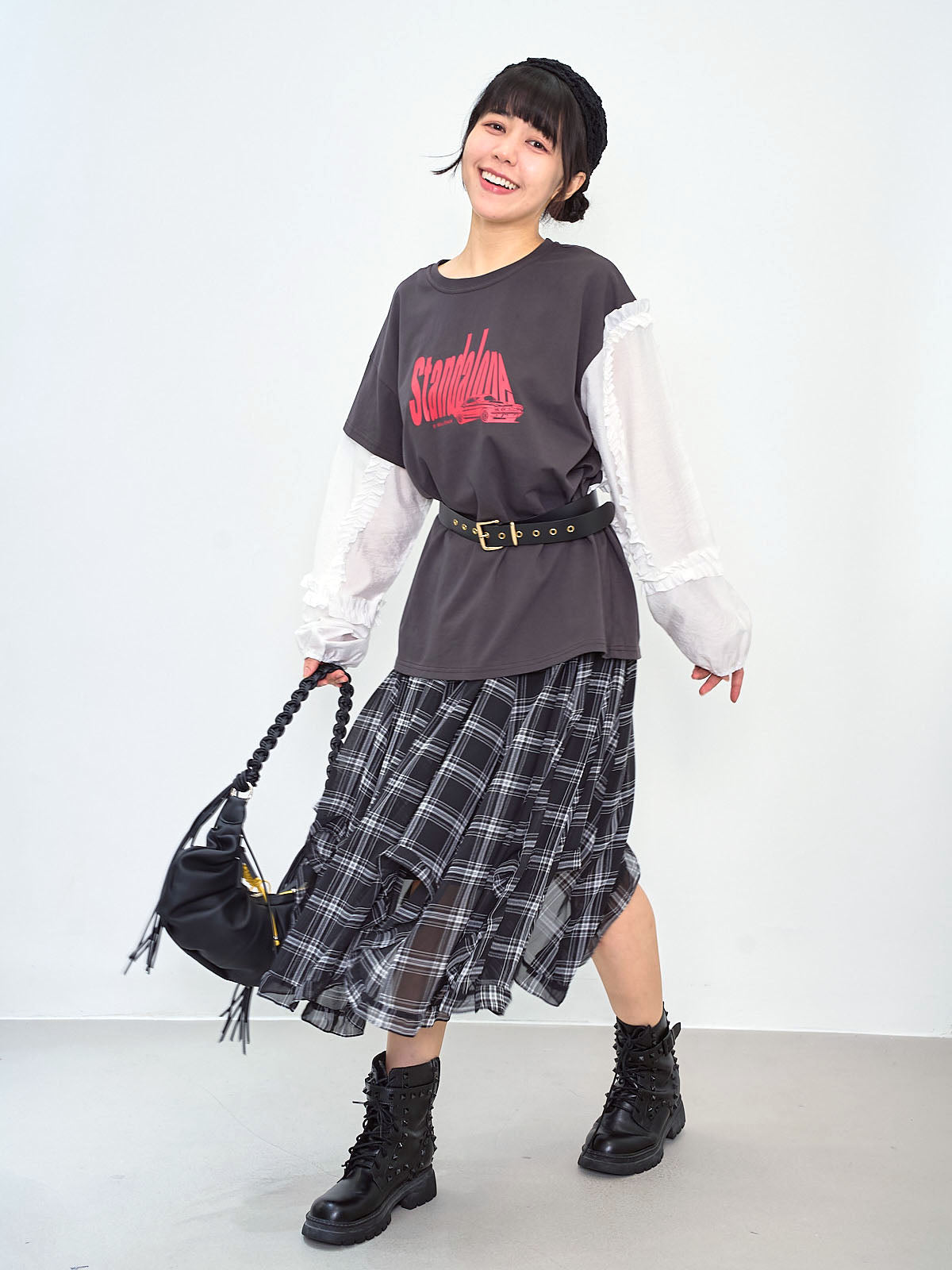 Ruffle Curve Hem Checkered Printed Skirt (2 Colours)