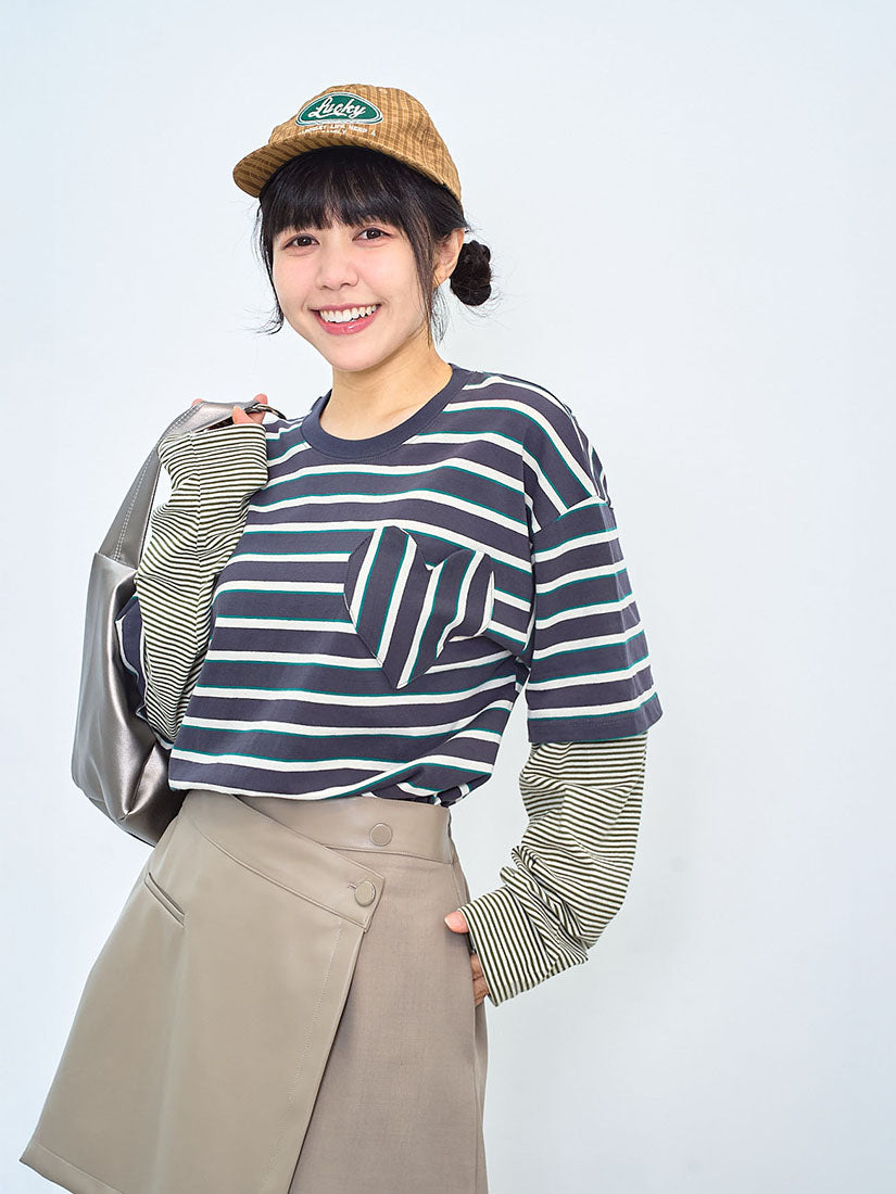Heart Pocket Double Sleeve Striped Top (2 Colours)