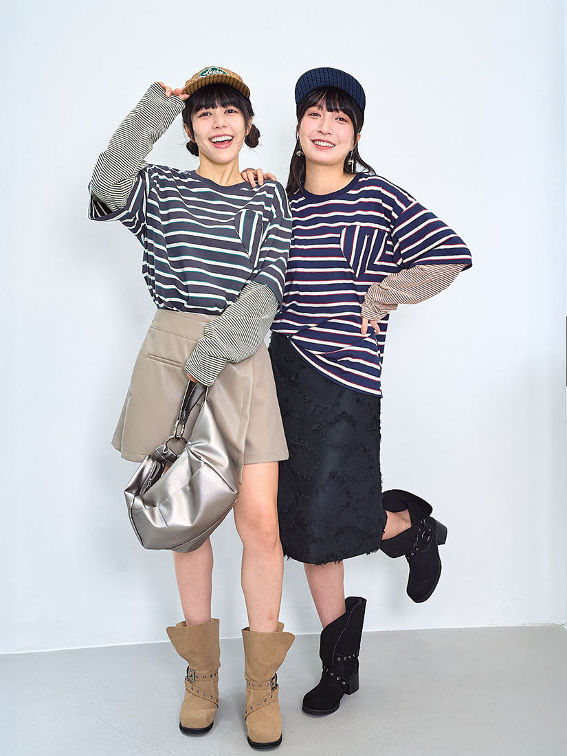Heart Pocket Double Sleeve Striped Top (2 Colours)