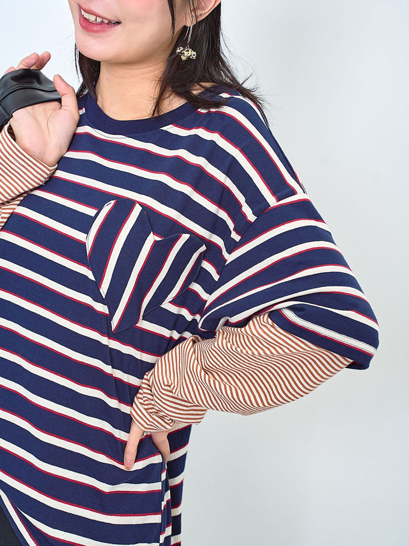 Heart Pocket Double Sleeve Striped Top (2 Colours)