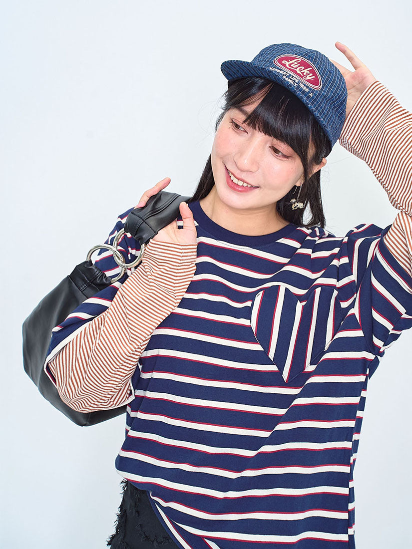 Heart Pocket Double Sleeve Striped Top (2 Colours)