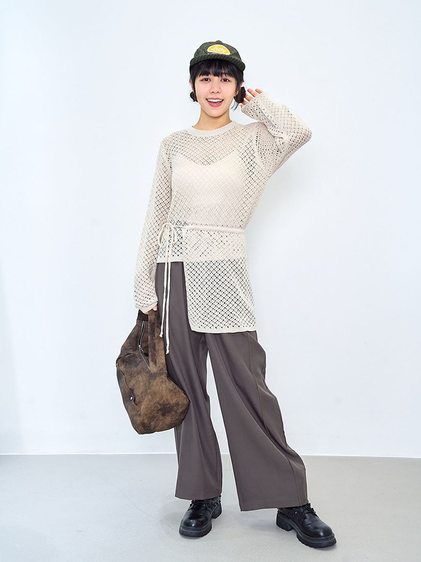 Pointelle Knitted Sweater With Waist Scarf (2 Colours)