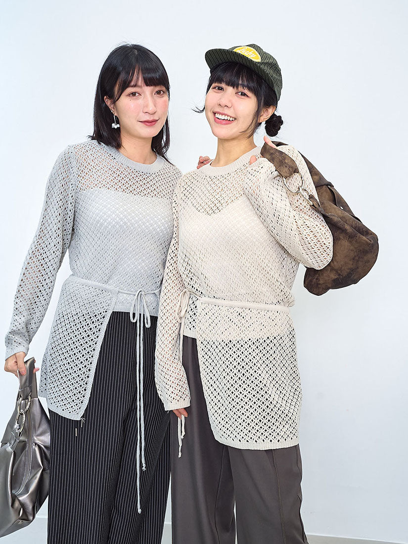Pointelle Knitted Sweater With Waist Scarf (2 Colours)