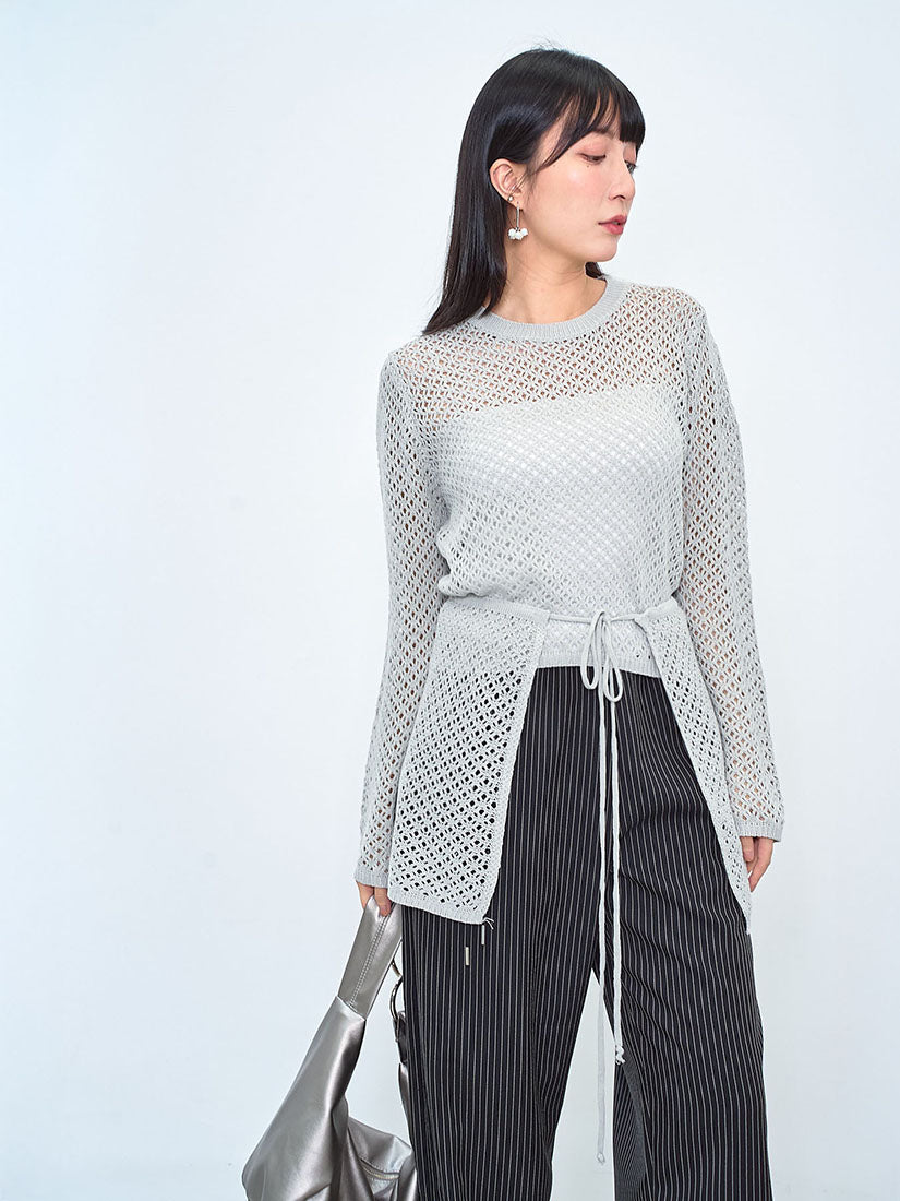 Pointelle Knitted Sweater With Waist Scarf (2 Colours)