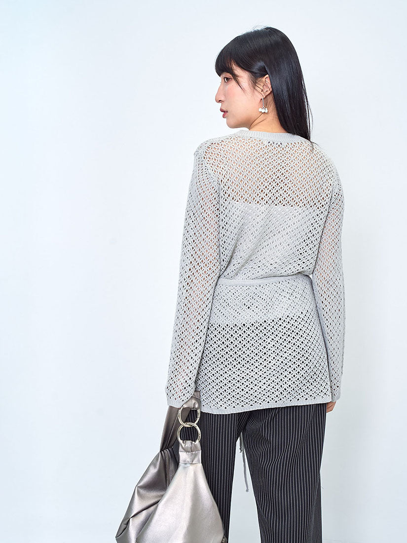 Pointelle Knitted Sweater With Waist Scarf (2 Colours)