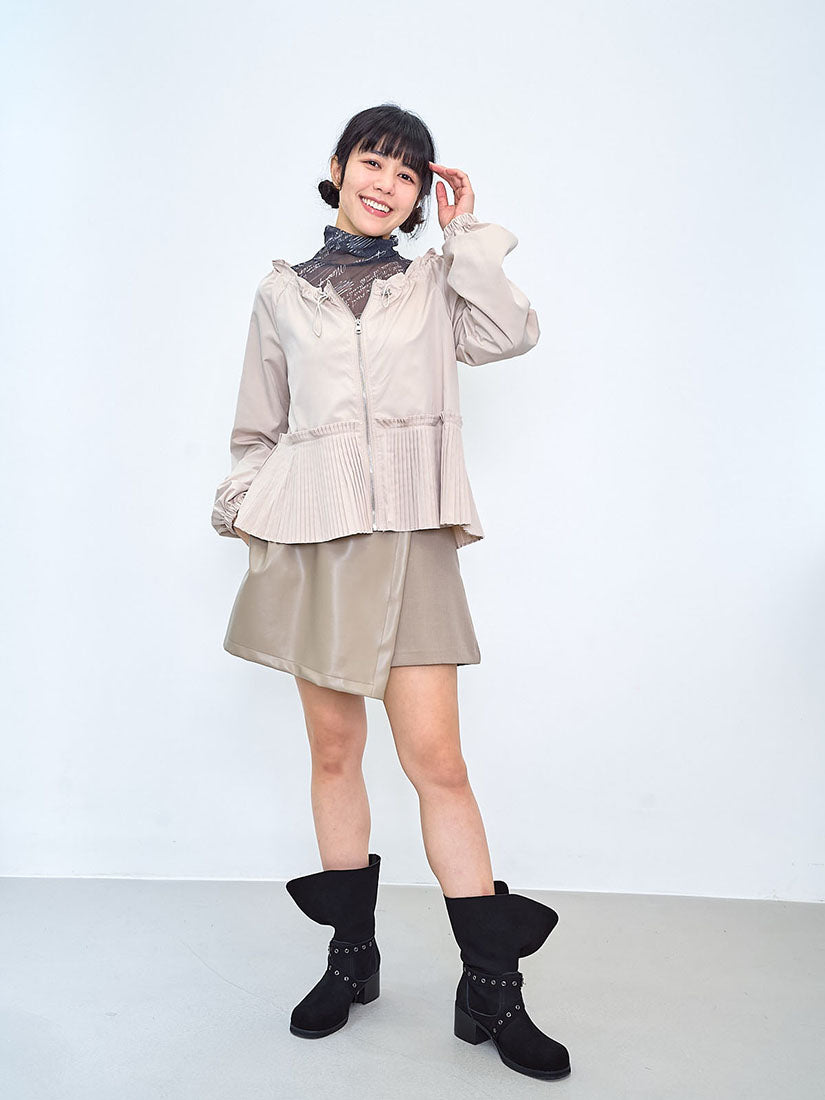 Drawstring Neck Pleated Hem Zip Up Jacket (2 Colours)