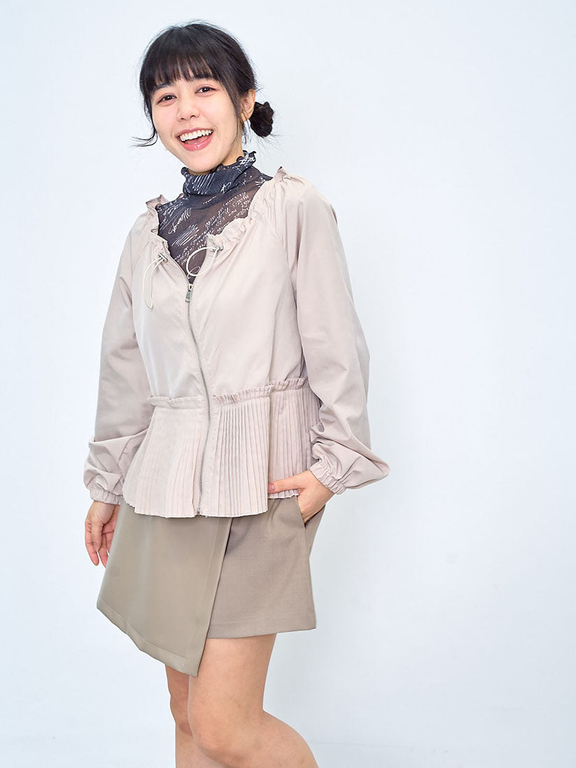 Drawstring Neck Pleated Hem Zip Up Jacket (2 Colours)