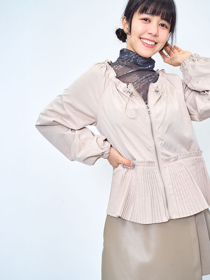 Drawstring Neck Pleated Hem Zip Up Jacket (2 Colours)