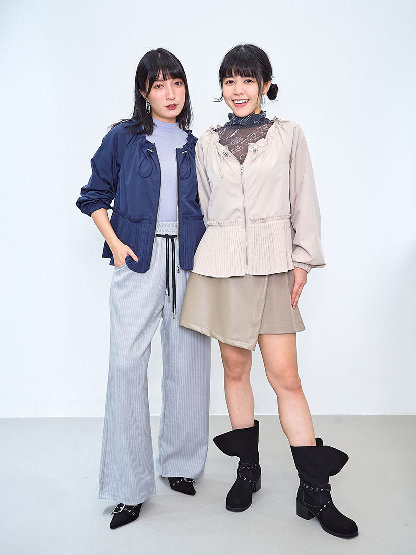 Drawstring Neck Pleated Hem Zip Up Jacket (2 Colours)