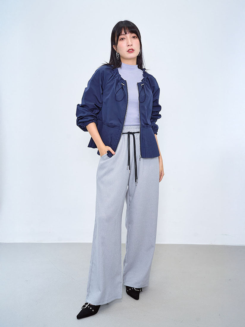 Drawstring Neck Pleated Hem Zip Up Jacket (2 Colours)