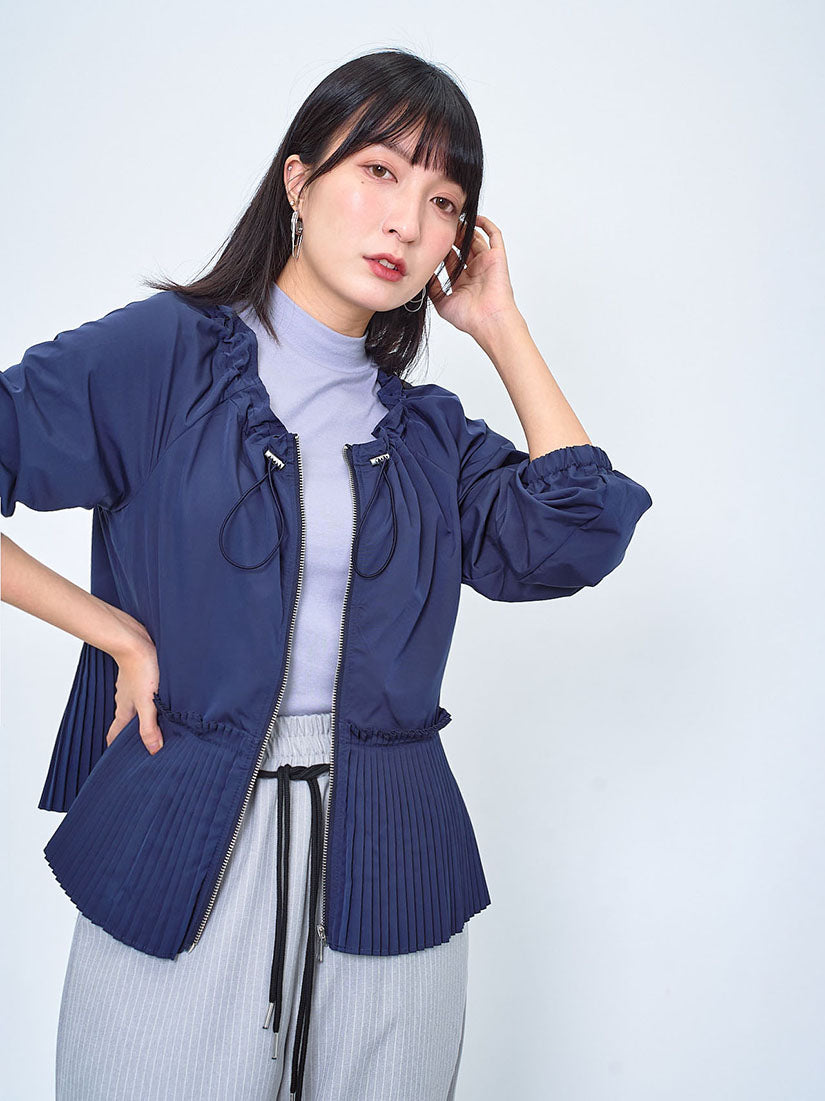 Drawstring Neck Pleated Hem Zip Up Jacket (2 Colours)