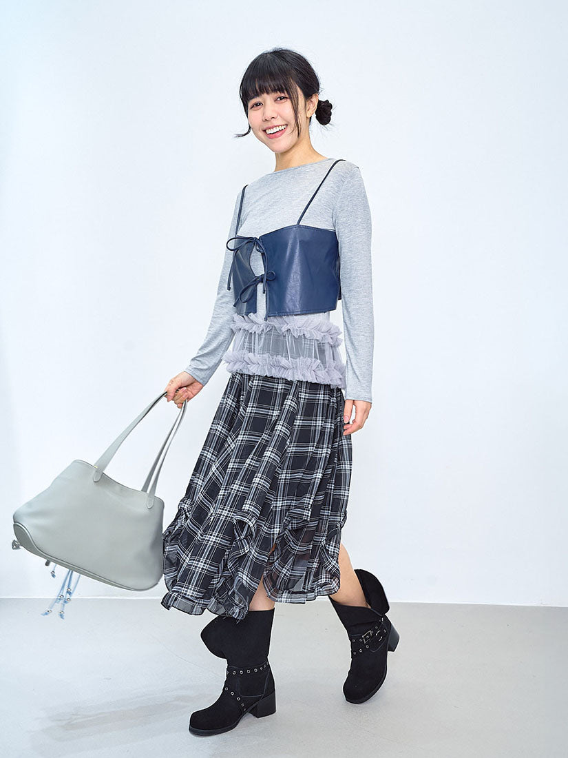 Ruffle Curve Hem Checkered Printed Skirt (2 Colours)