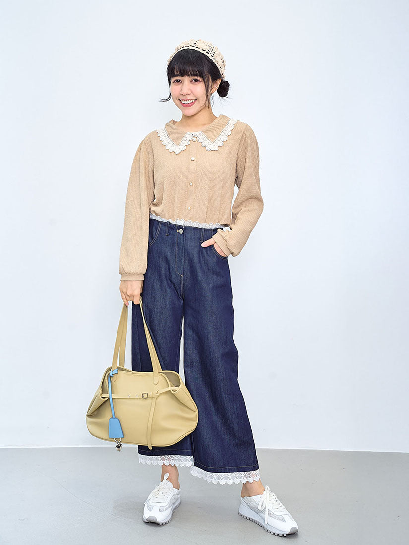Lace Trim Collar Wrinkle Top (2 Colours)