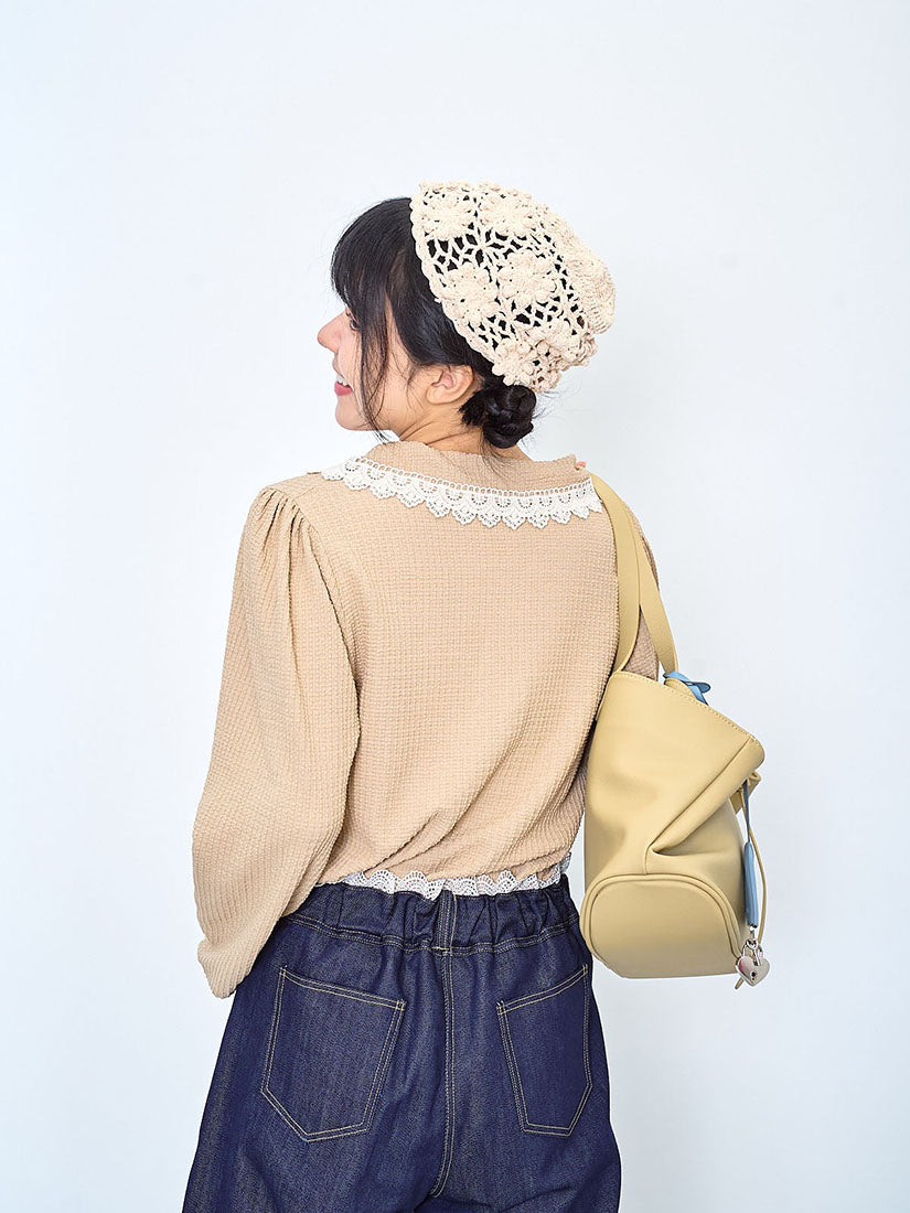 Lace Trim Collar Wrinkle Top (2 Colours)
