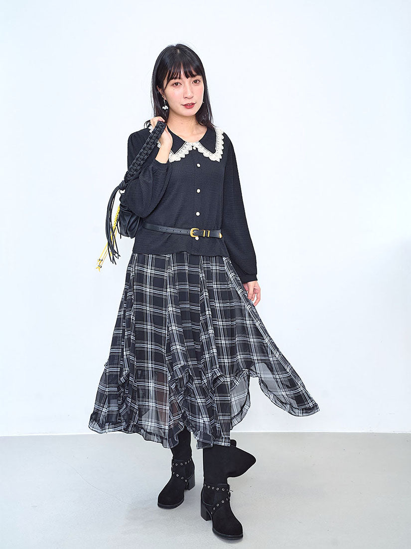 Ruffle Curve Hem Checkered Printed Skirt (2 Colours)