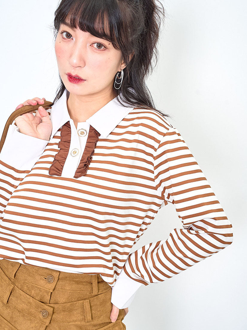 Ruffle Trim Striped Polo Top (2 Colours)