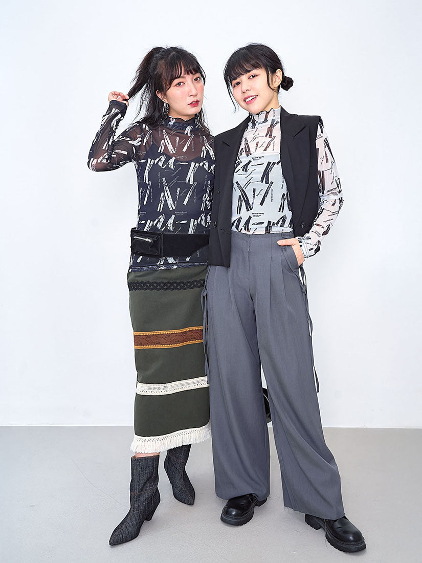 Sheer Printed Lettuce Edge Mesh Top (2 Colours)