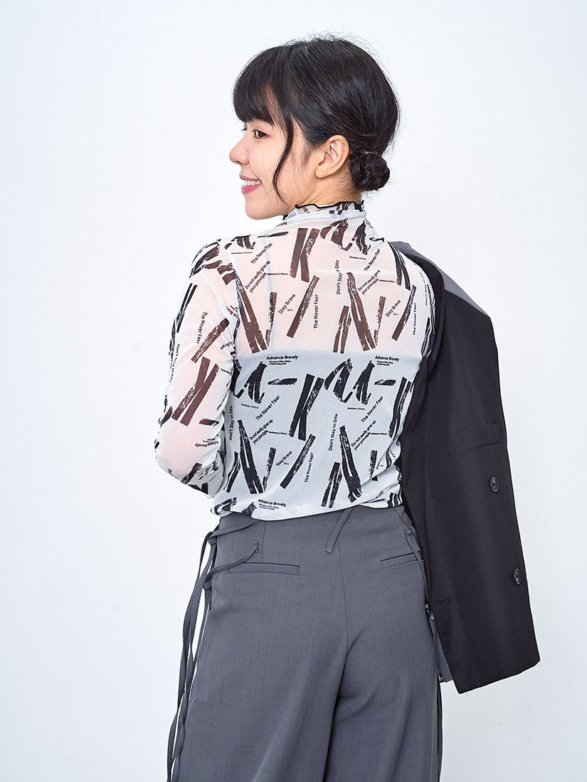 Sheer Printed Lettuce Edge Mesh Top (2 Colours)